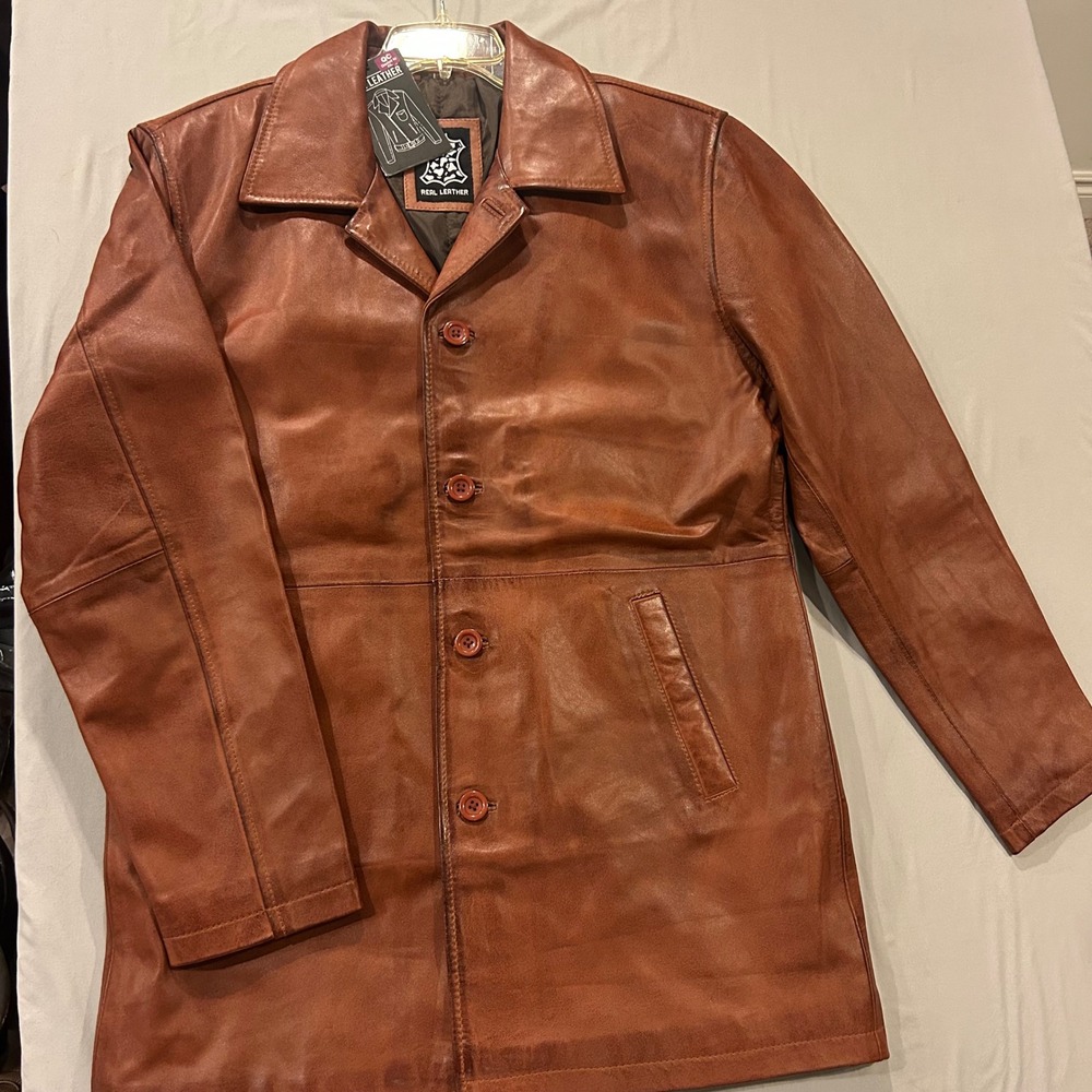 New Real Leather Men Tan Brown Car Coat Jacket Large NWT